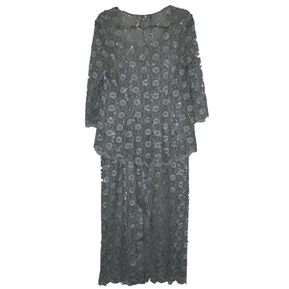 2 Piece Silver Lace and Sequin Sleeveless Maxi Dress with Jacket Size 10 - Picture 3 of 8